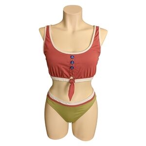 Retro Inspired Nautical Colorblock Bikini Set – Tie Front Anchor Button Swimwear